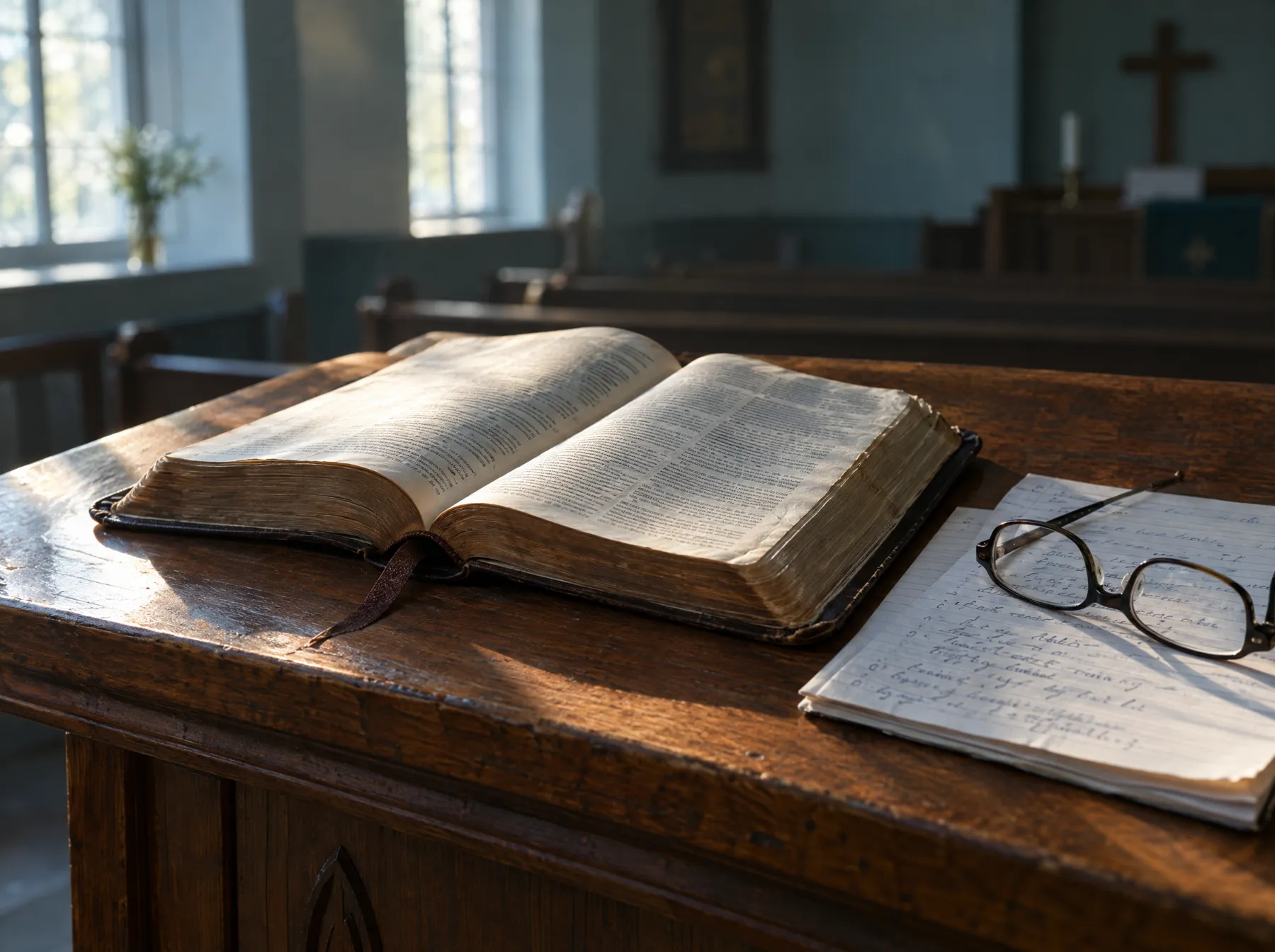 An open Bible and handwritten sermon notes on a wooden pulpit